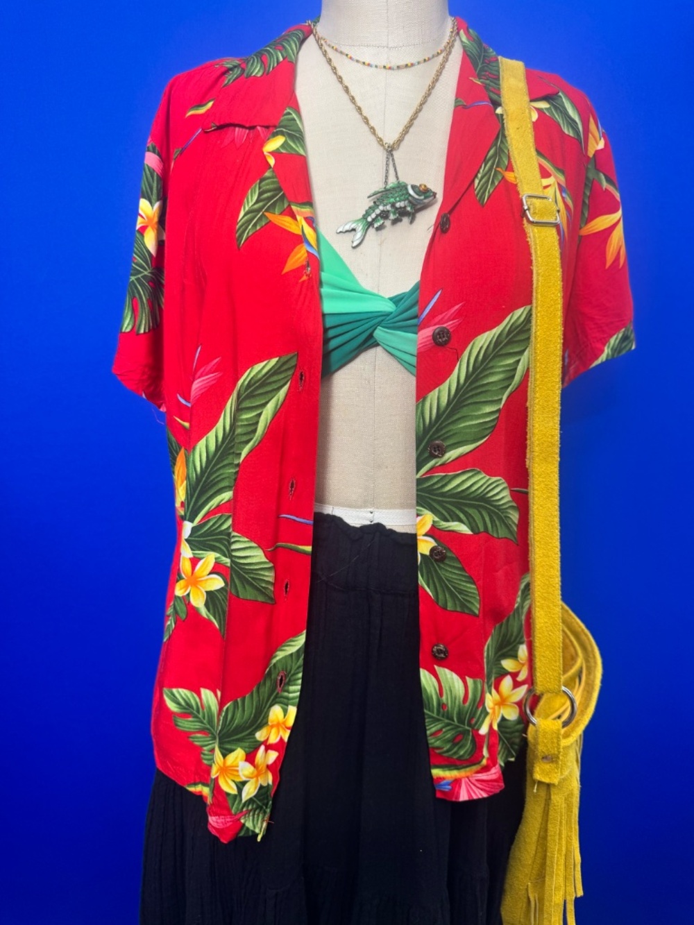 Puanani Made in Hawaii Red Tropical Aloha Shirt | Bird of Paradise Floral Button